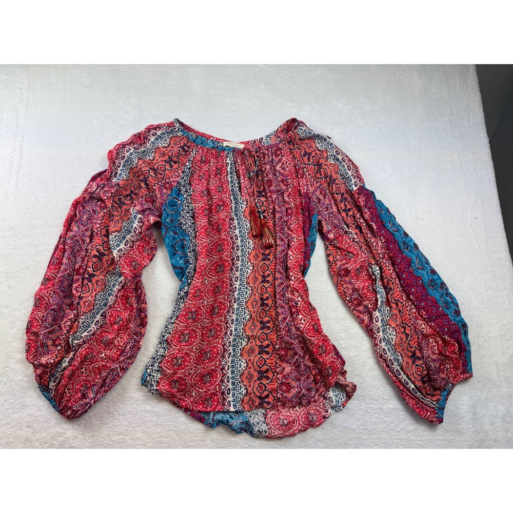 Lovestitch Boho Mixed Print Tassel Tie‎ Balloon Sleeve Blouse Red Blue Large